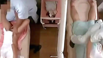 Japanese cheating wife during sex in massage beside husband