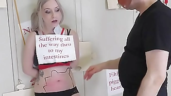 Hot little blond submissive gets tied up, b. in belly, and stretched for anal & ATM (Violet October)