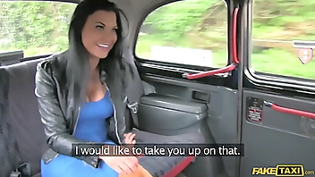 Fake Taxi - The Girl In The Blue Dress - Horny brunette business woman in her 30s with big tits cums hard on cabbies cock