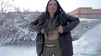 Public Agent Blue eyed babe sucks a fat big dick out in the snow in public