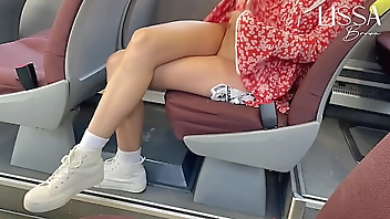 Hot woman shows off and touches herself on public bus